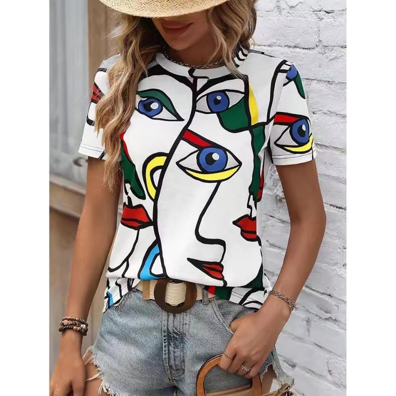 

Ретро жіноча 3D футболка Одяг Харадзюку Топи Мистецтво Обличчя Графічні футболки V-подібний виріз Оверсайз Пуловер Короткий рукав Блузка Вільний світшот 2XL