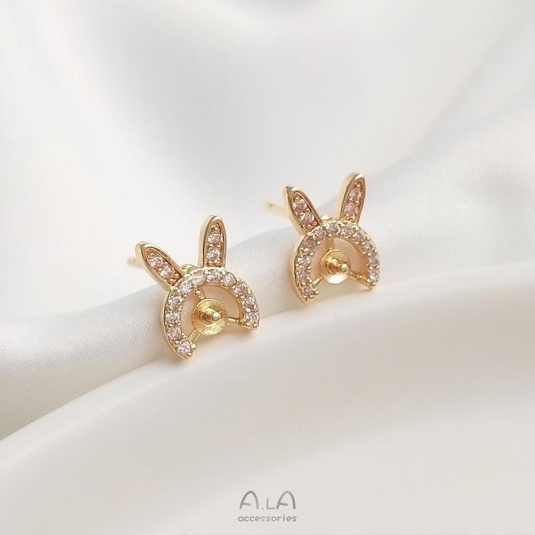 14K Gold-Filled Zircon Rabbit Stud Earrings with 925 Silver Pins and DIY Inlaid Style.