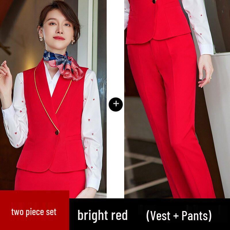 China Southern Airlines Flight Attendant Professional Suit: High-End Rose Red Vest and Dress Reception Uniform