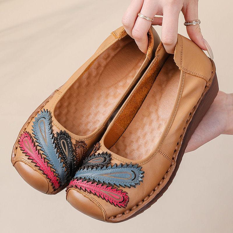 Fashion New 2025 Genuine Leather Wedge Flats Woman Patches Slip On Shoes Elegant Women's Loafers Handmade Platform Moccasin Ladies Flats