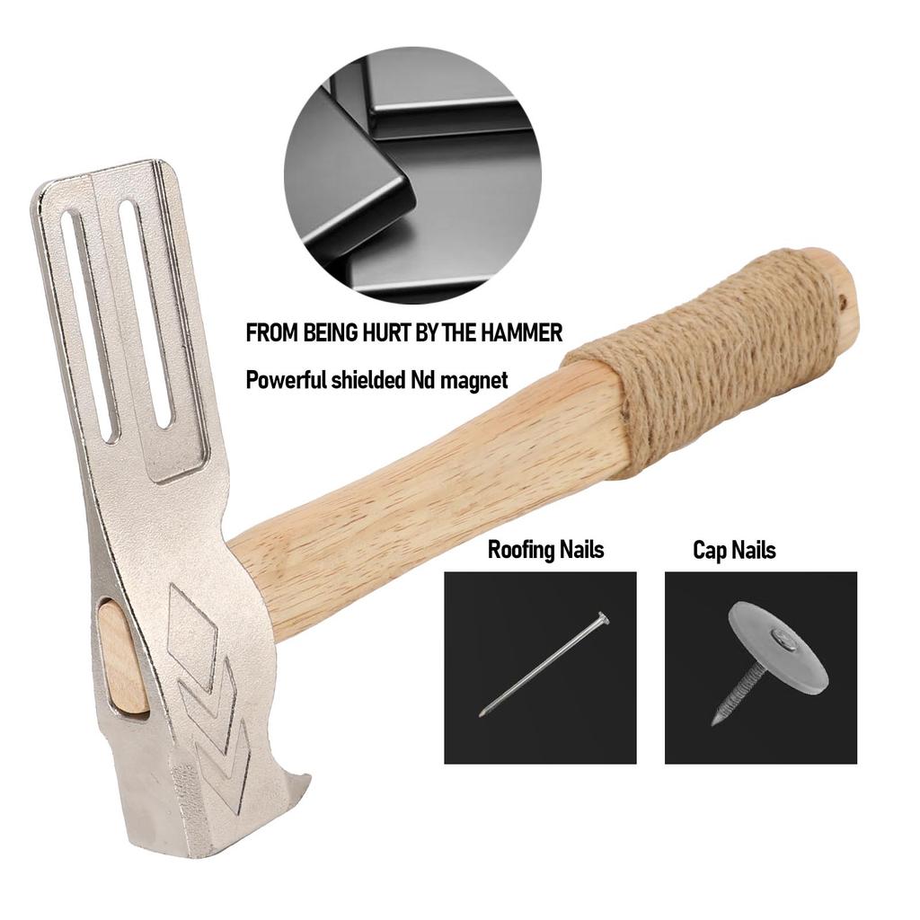 Magnetic Roofing Hammer Multifunctional Magnetic Faced Roofing Hatchet with Hemp Rope Anti Slip Wood Handle for Installing Roofing Nails Felt Hats