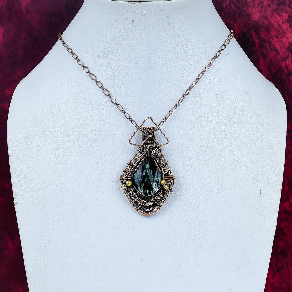 Seraphinite Gemstone Pendant Copper Wire Wrapped Jewelry Handmade Amazing Pendant