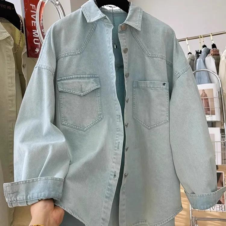 Spring Summer Women S Denim Shirt Jacket Women Denim Coat Shirt Korean Colored Denim Shirts For Women Loose Casual Tops S синий