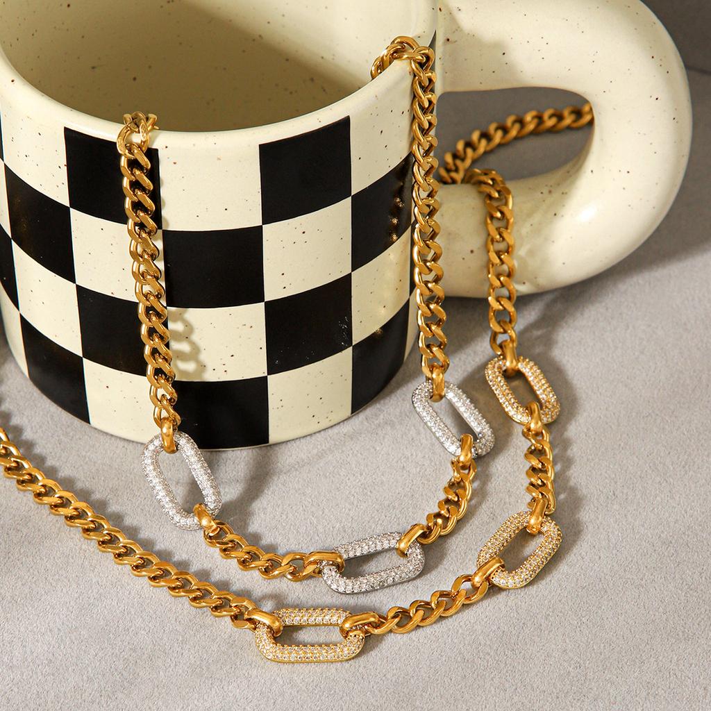 Titanium steel neck chain fully paved with diamond zircons, high-end color-block stainless steel Cuban link necklace