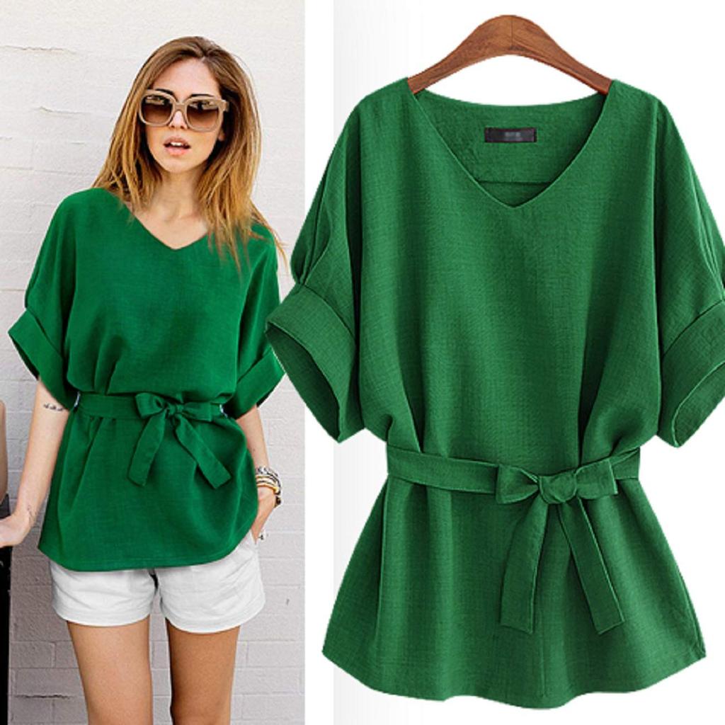 de Blouse with short tunic early body [Maison TAO] ribbon, V-neck, sleeve, top, spring, summer, fall, office, formal, covering, women's (green, L)