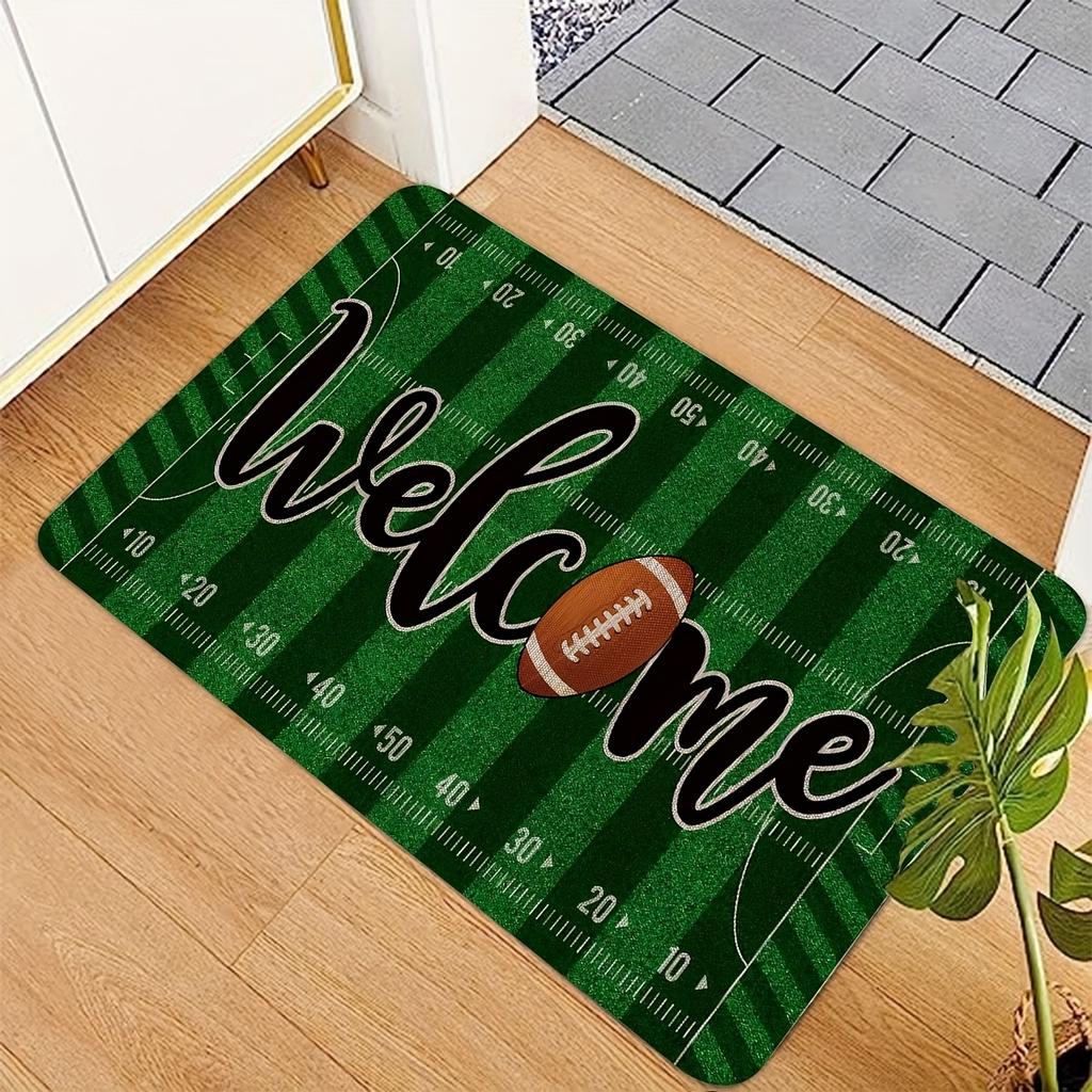 Football Pitch Pattern Doormat, Polyester Flannel Non-Slip Machine Washable Rug for Indoor Outdoor Multi-Room Entryway Decor