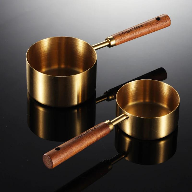 8Pcs Wooden Handle Stainless Steel Measuring Cups Spoons Baking Tools Coffee Measuring Spoon Set Bartending Scale Accessories
