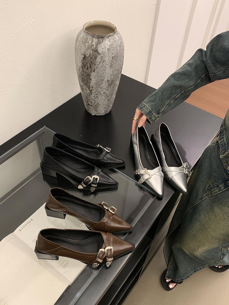 Fashion Pointed Toe Women Loafers Black Silver Brown Mid Heeled Belt Buckle 2024 New Arrivals Fashion Dress Shoes Woman Size 35-39 Pumps