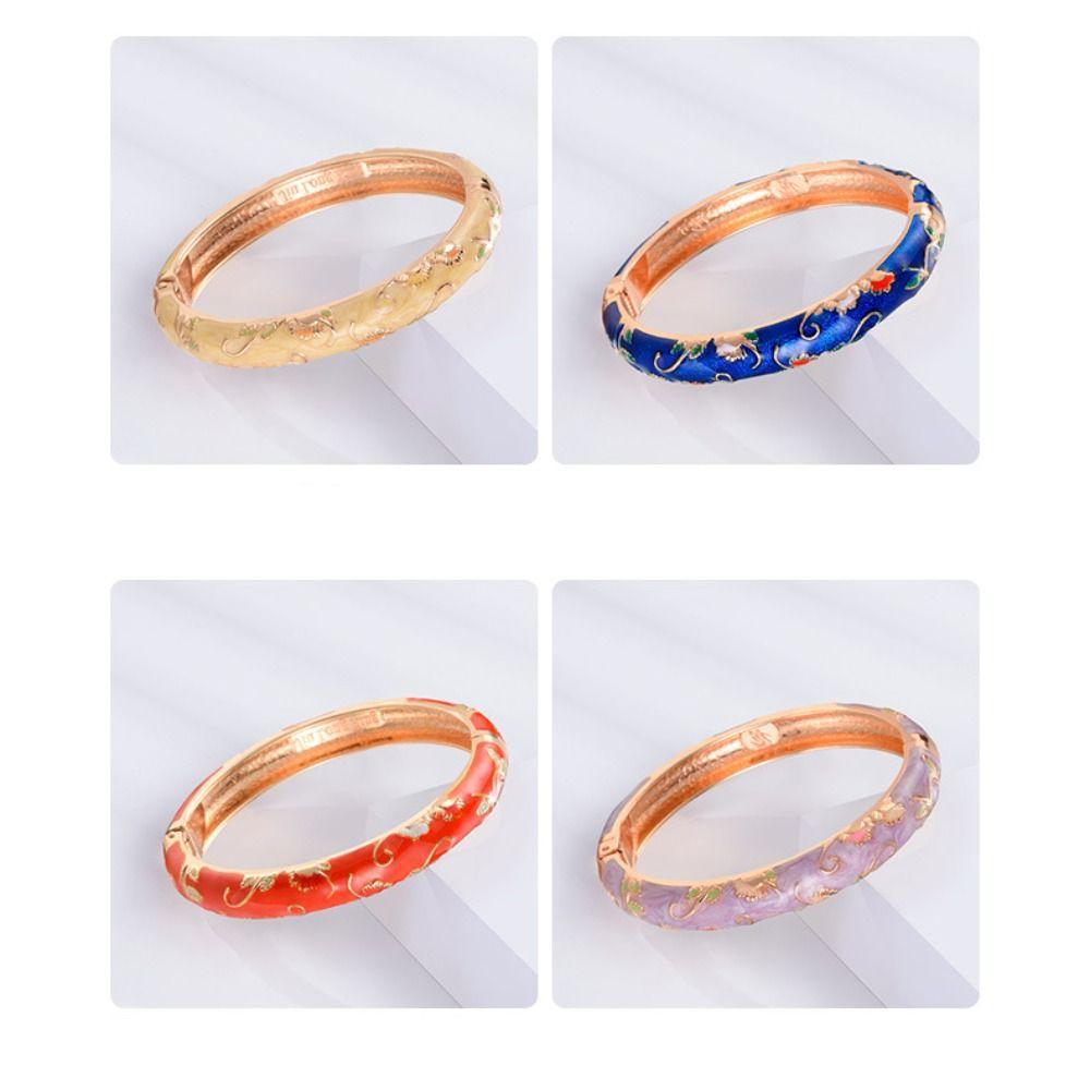 Open Drip Oil Enamel Bracelet Traditional Hollow Out Flower Bangle Vintage Cloisonne Bangle  Woman