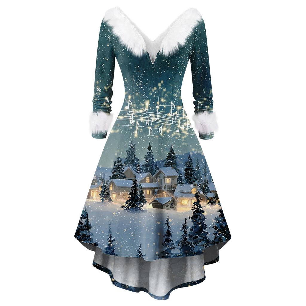 Damen Modisches Lässiges Figurbetontes Weihnachtsdruck Party Langarmkleid