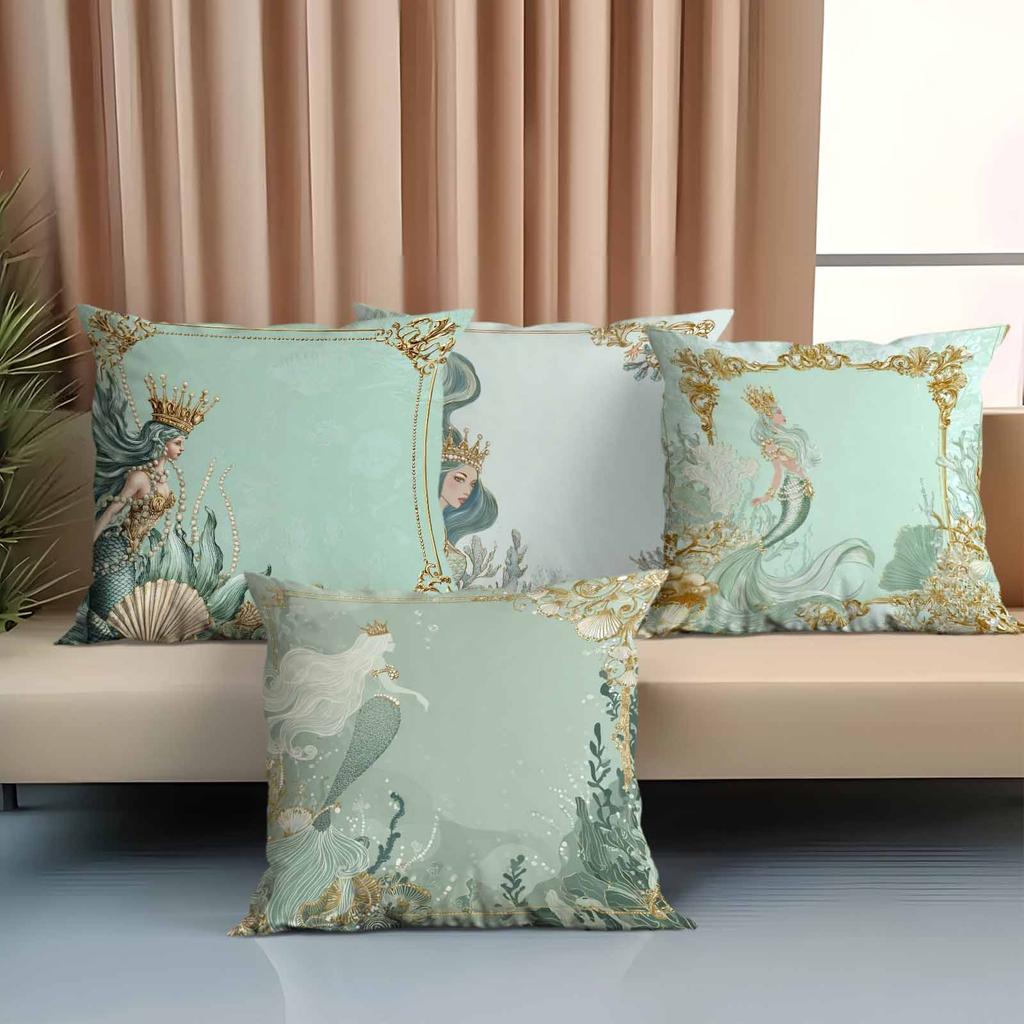 Elegant Mermaid Theme Pillowcase - Mint Green & Gold Underwater Print Pillow Cover for Sofa Bedroom Living Room
