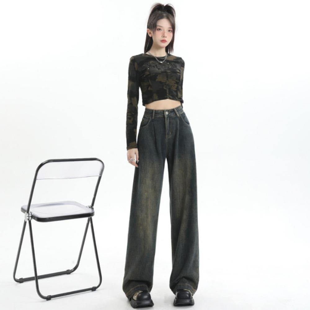 Lazy Wind High Waist Wide Legs Cement Gray Jeans Women's Thin Loose Versatile Straight Drape Pants
