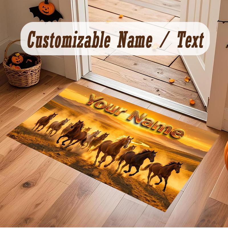 Horse Theme Soft Crystal Velvet Rug Custom Name & Text Print Non Slip Floor Rug for Bedroom Living Room
