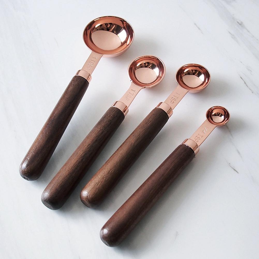 4Pcs/Set Stainless Steel Measuring Spoon Set Rose Gold with Wood Handle Bakeware