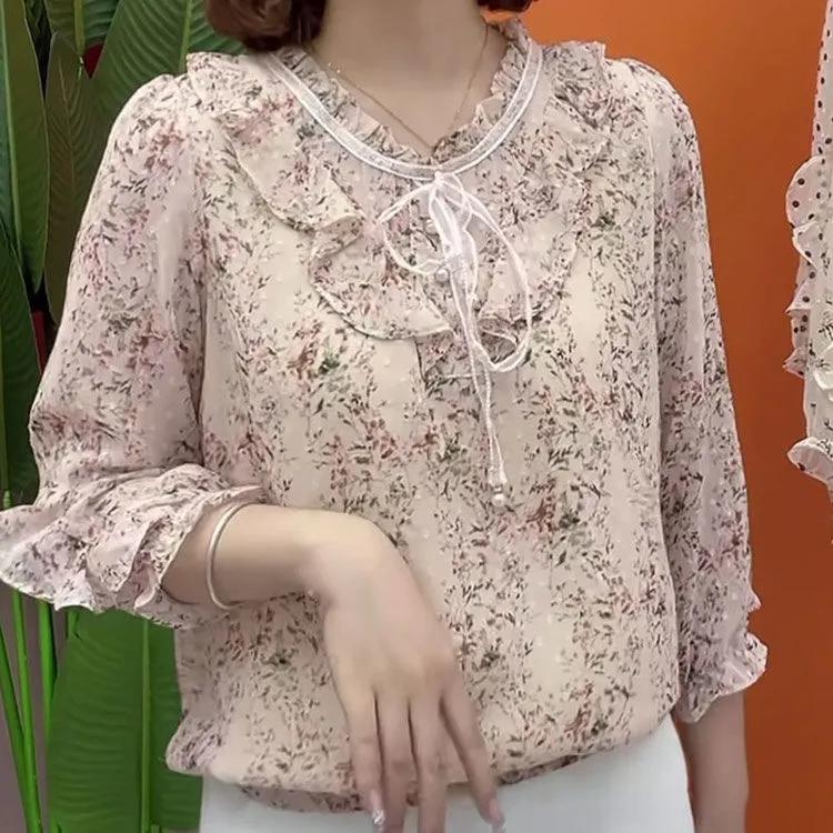 Women's Spring and Fall Long-sleeved Printed V-neck Shirt Loose Thin Ageing Blouse