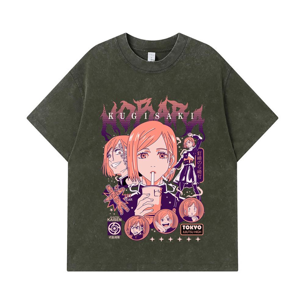 

275 GSM Washed T-shirts 100% Cotton Jujutsu Kaisen V16 Nobara Print Unisex Heavy Cotton T Shirt S армия зеленый