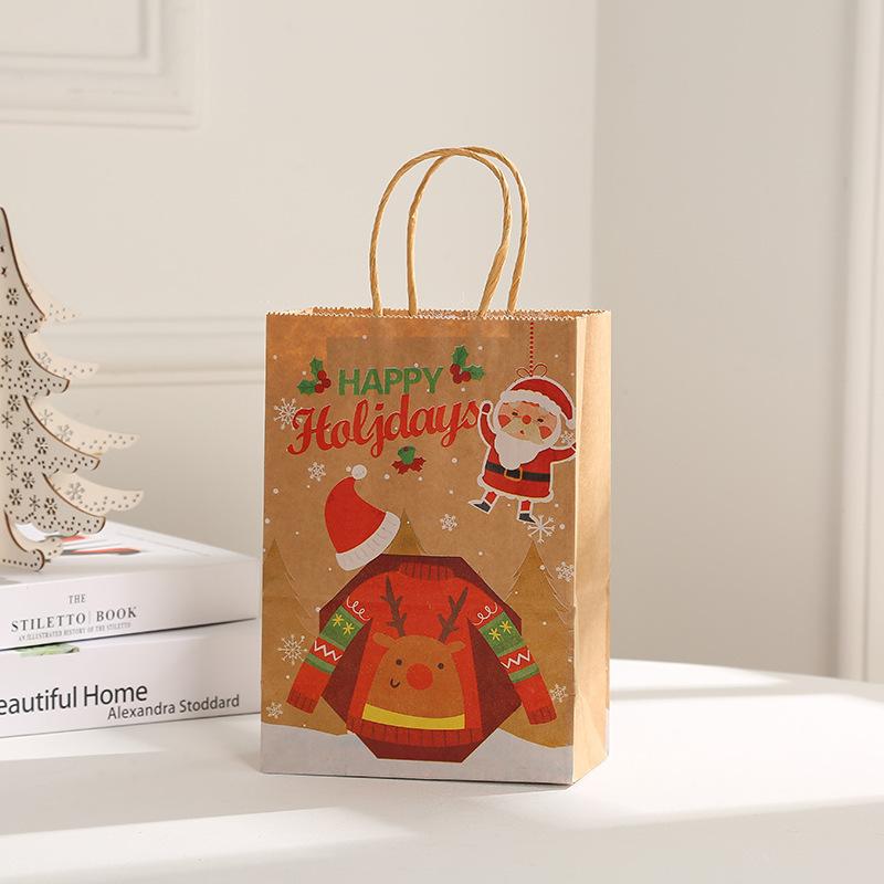 Christmas Kraft Paper Tote Bag Natural Paper Bag Christmas Eve Gift Packaging Bag Gift Bags for Festival and Party 21X15X8CM