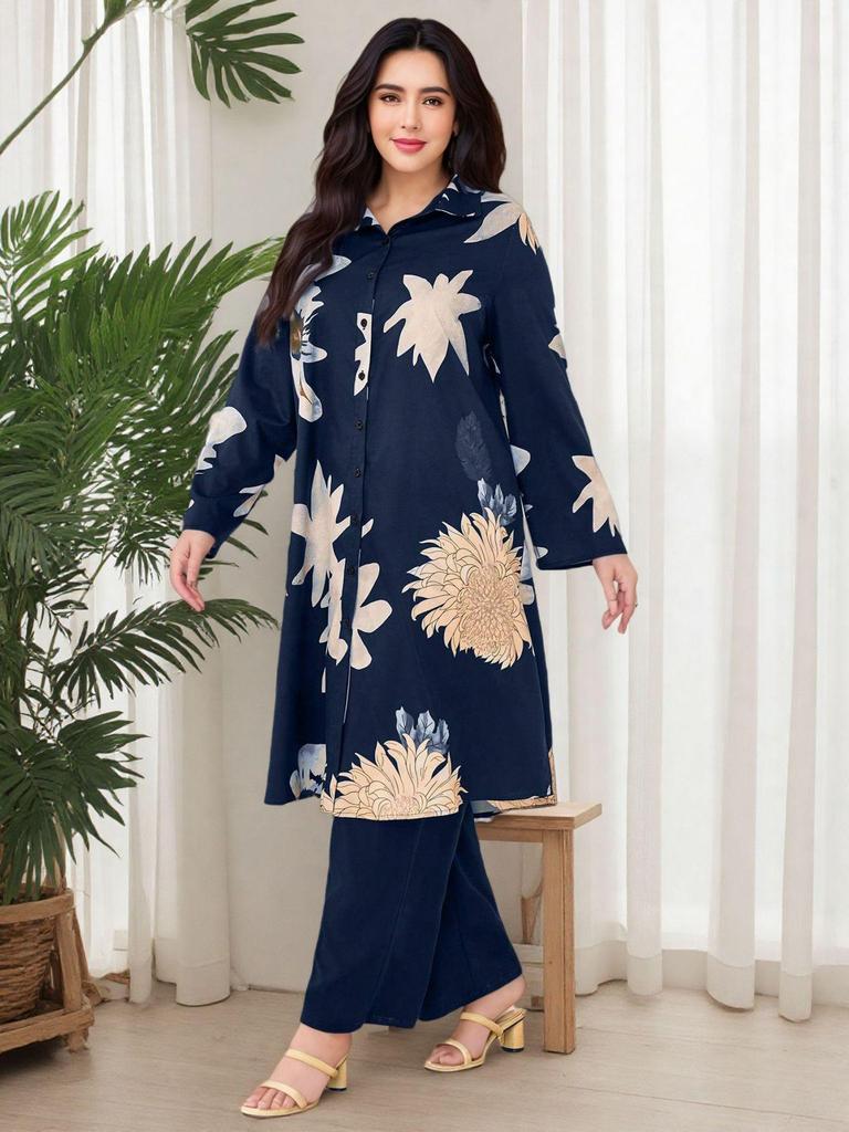 Dubai Plus Size Floral Long Sleeve & Pants with Long Skirt - Elegant Two-Piece Set