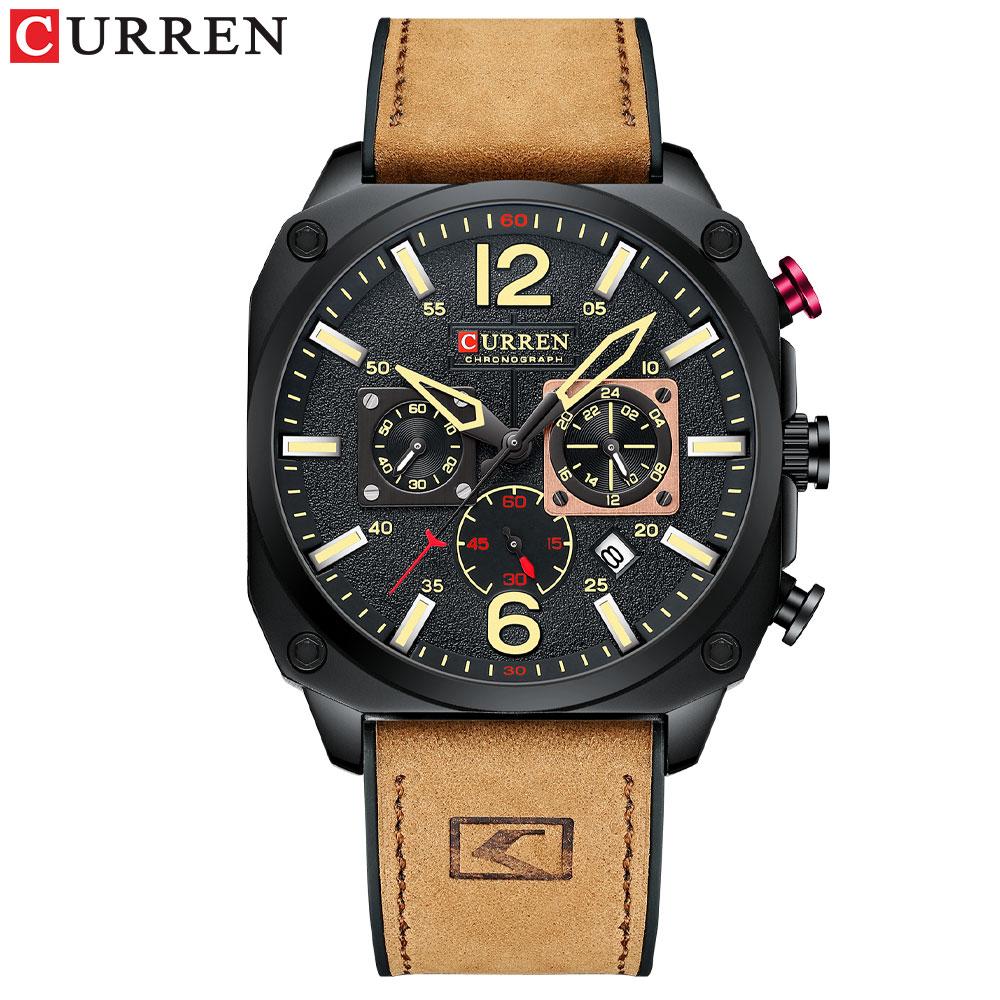 Chronograph Wristwatch Calendar Sport Mens Watches Military Fashion Square Dial Leather Male Clock Gift Luminous Waterproof