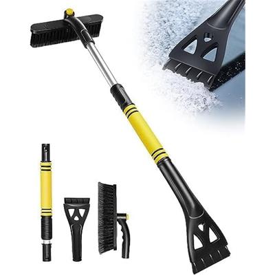 3-in-1 Telescopic Ice and Snow Scraper Brush, New 32-Inch Detachable 360° Rotating Scratch-Free Snow Removal Tool, Ergonomic Foam Handle