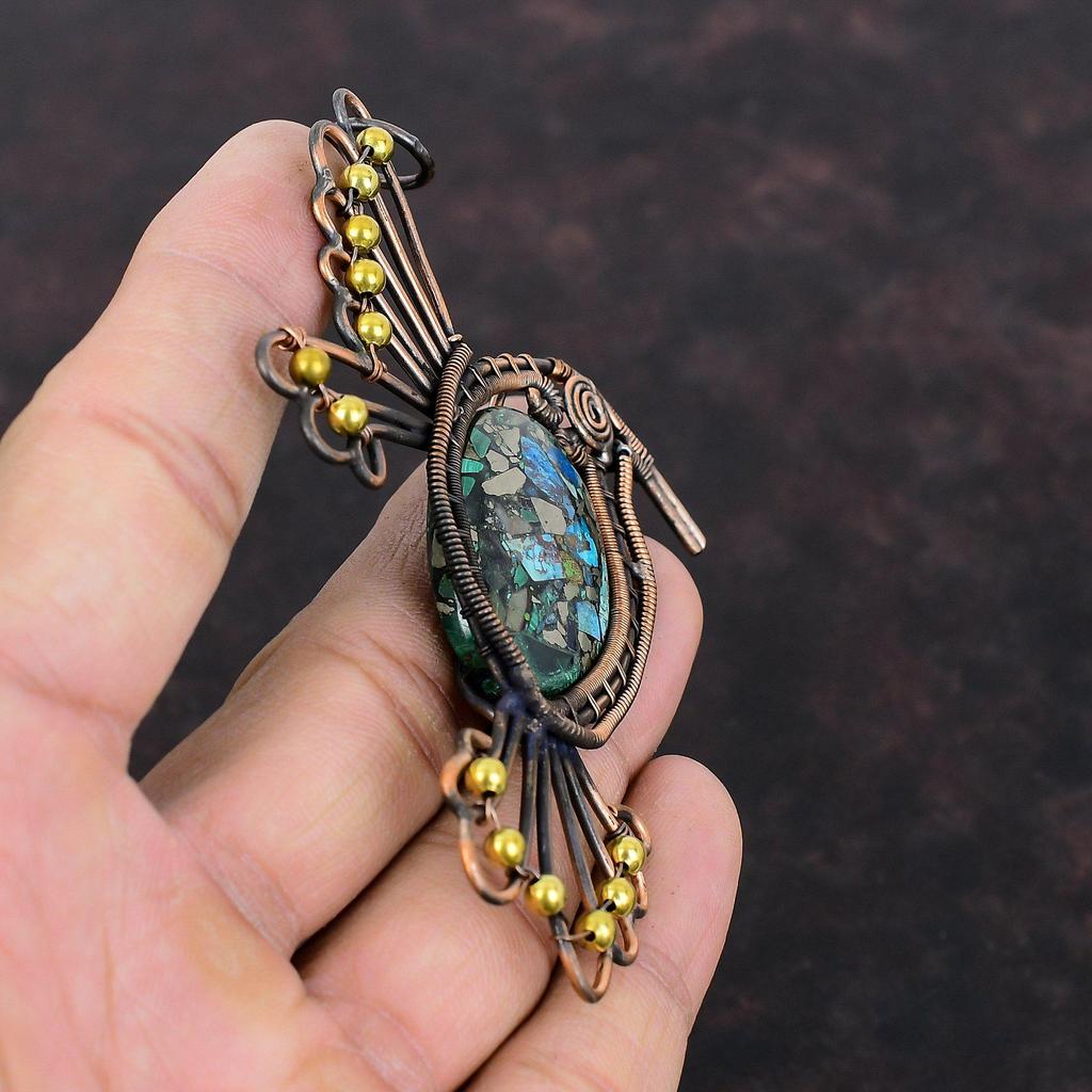 Copper Azurite Malachite Pendant Copper Wire Wrapped Pendant Natural Gemstone Jewelry Handmade Bird Pendant Gift For Her Copper Wire Jewelry