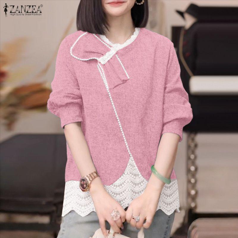 ZANZEA Women Casual V Neck Long Sleeve Lace Splice Blouse