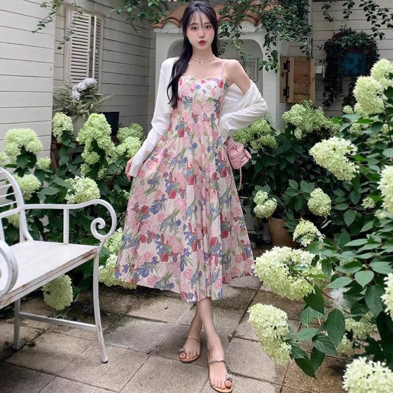 Neue Kaffeepause Französisches High-End Chiffon langes Kleid Ölgemälde Blumiges Trägerkleid Zweiteiliges Set Damen Sommer