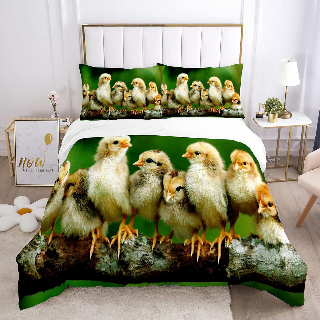 Chicken Duvet Cover Set Watercolor Rooster Bedding Set Animal Flower BedClothes Green Grass Polyester Comforter Cover King Size