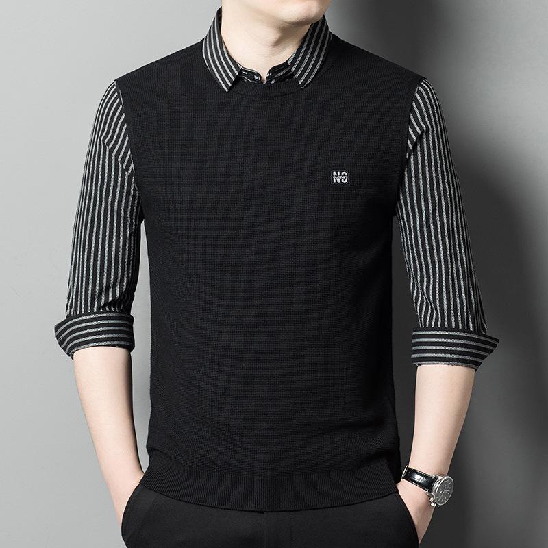 Men s Lapel Knit Long Sleeve Two-Piece T-Shirt for Spring/Autumn 2025 3XL