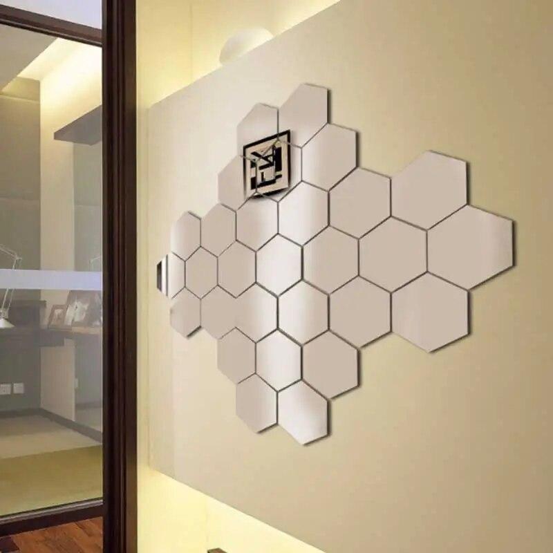 12pcs Mirror Wall Stickers Living Room TV Backdrop Decorative Stickers Hexagonal Mirror Wall Stickers Decorative Mirror