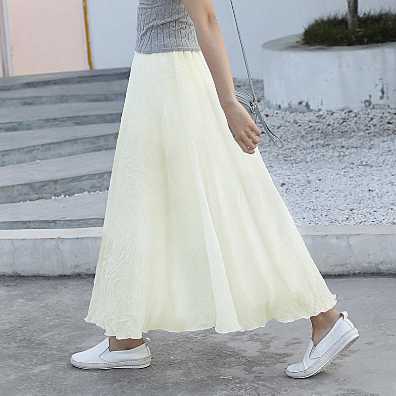 Women Summer Solid Vintage Pleated Long Skirts Ladies Elastic Waist Beach A-Line Skirt