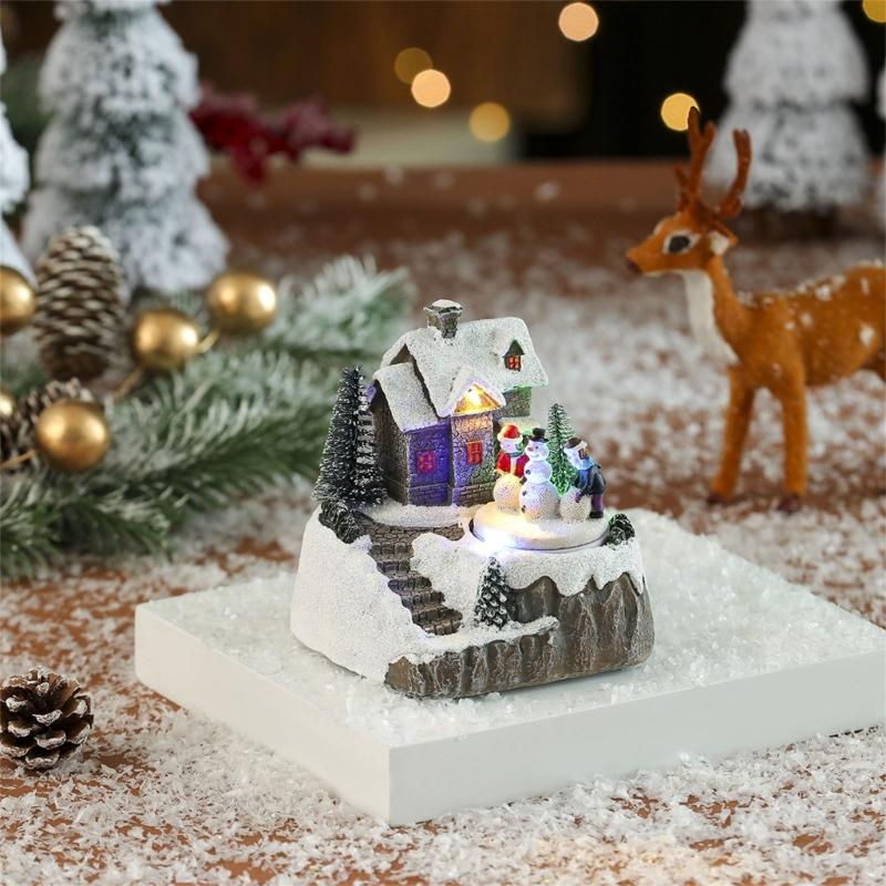 LED Illuminated Christmas Rotating Music Box Snow House Scene Ornament Battery Operated Desktop Decoration for Home