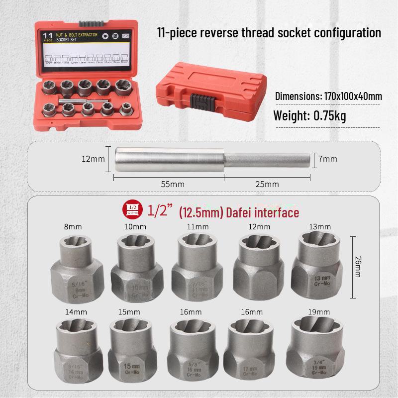 10-teiliges Mutternausdreher-Set mit 1/2"-Vierkantantrieb und Gleitmuttern-Entfernungswerkzeug für Druckluftschrauber und Elektroschrauber