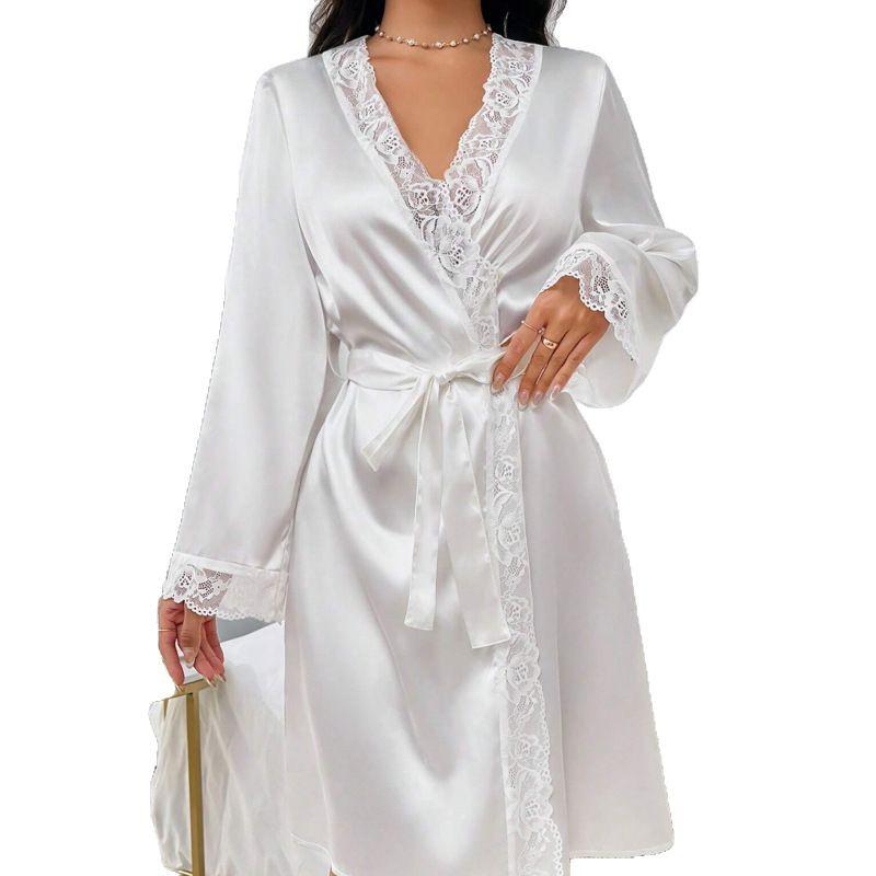 1011 new coat European and American style sexy nightgown simulation silk lace wedding morning gown women's love nightgown