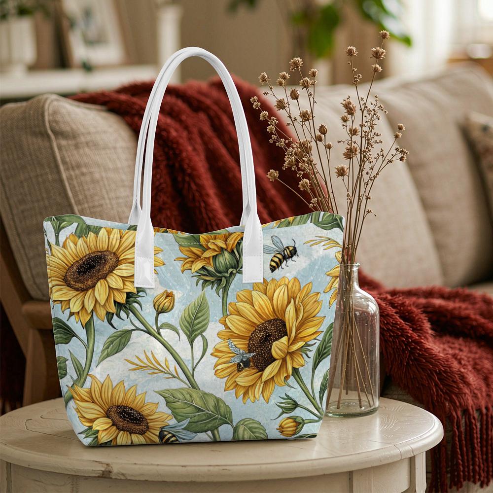 Sunflower Bee Print Tote Bag Fashion Casual Large Capacity Ladies Daily Outdoor Carry Handbag