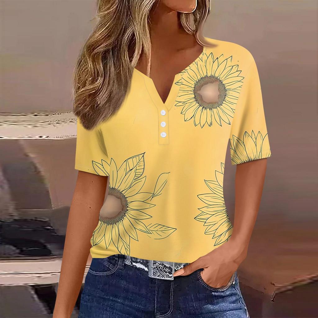 Women's T Shirt Print Button Short Sleeve Daily Weekend Fashion Basic V- Neck Regular Top