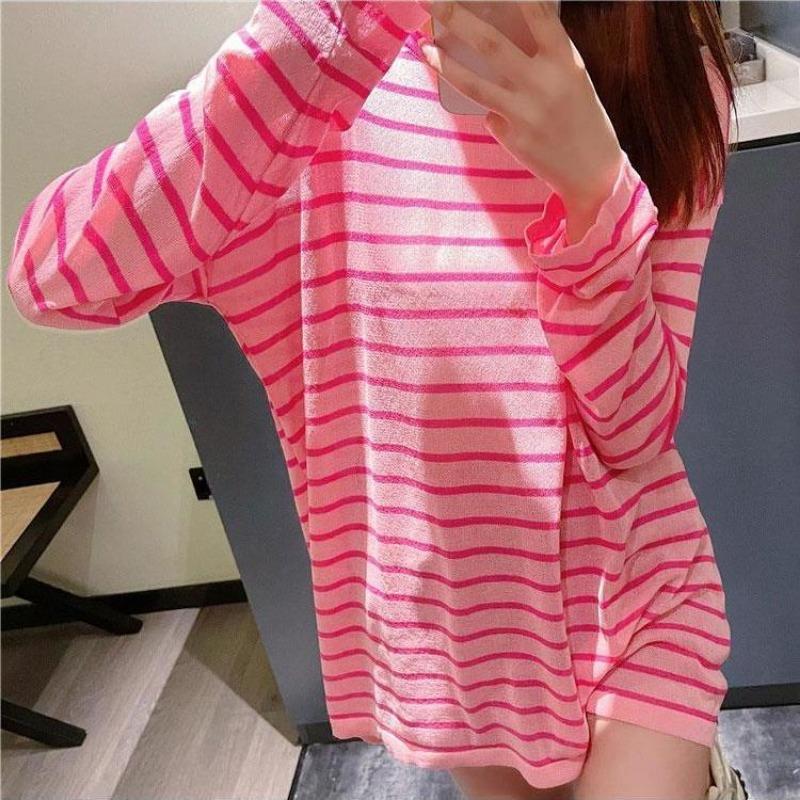 Sun Protection Clothes for Girls New Style Loose Summer Thin Anti-UV Ice Silk Striped Long-sleeved T-shirt Trendy