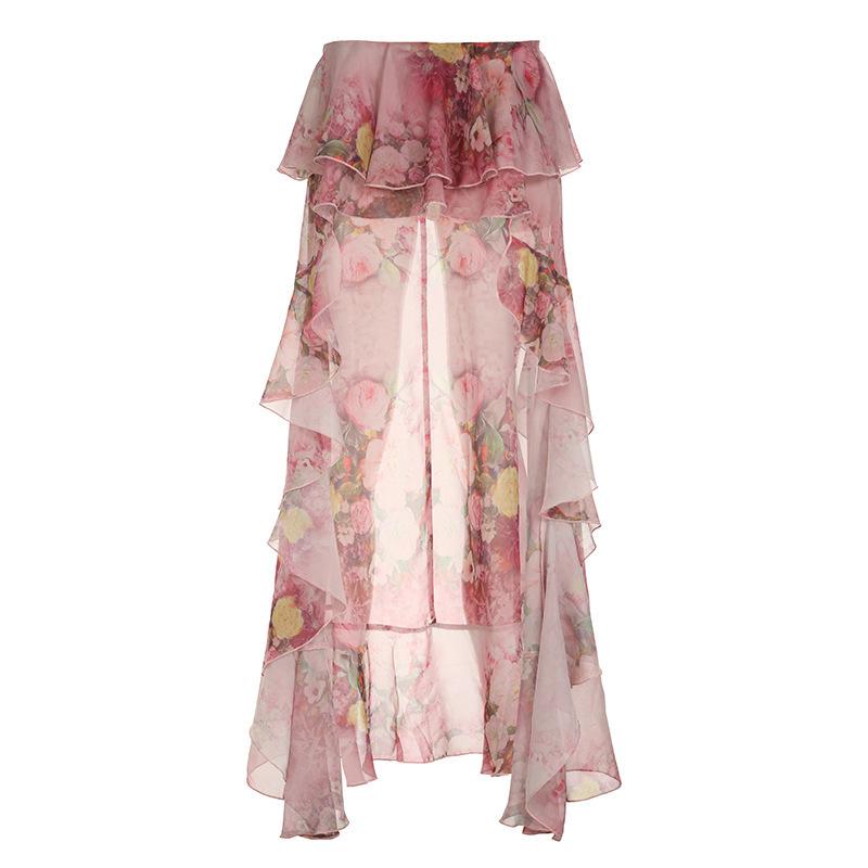 European Style 2024 Floral Print Irregular Maxi Skirt with Double-Layer Ruffles