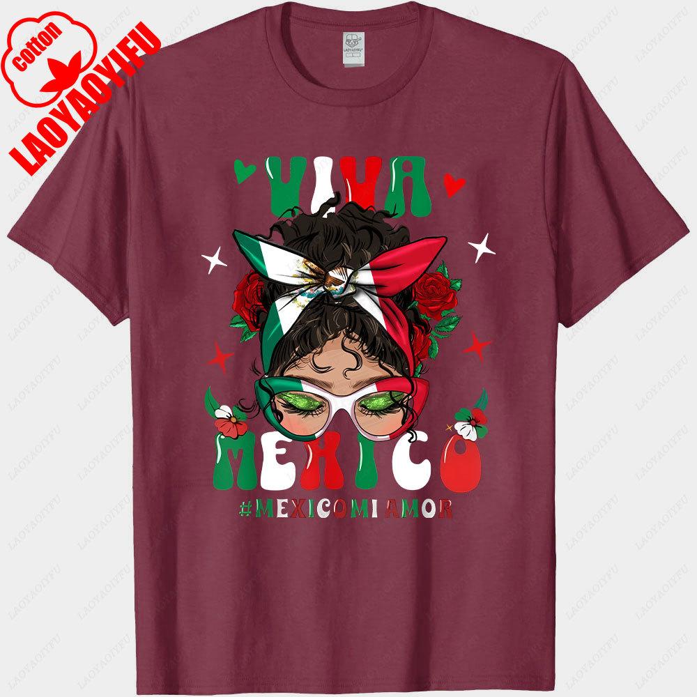 Viva Mexico Messy Bun High Quality TShirt Mexican Girl Hair Flag Graphic Women Clothes Mexico Pride Shirt ONeck ShortSleeve