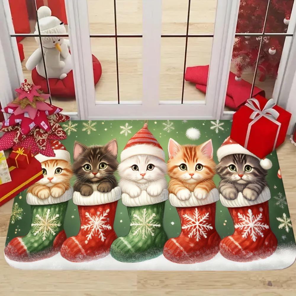 Merry Christmas Floor Mat Cute Cat Kitten Anti-slip Soft Carpet for Bedroom Living Room Hallway Doormat Area Rug Home Decoration
