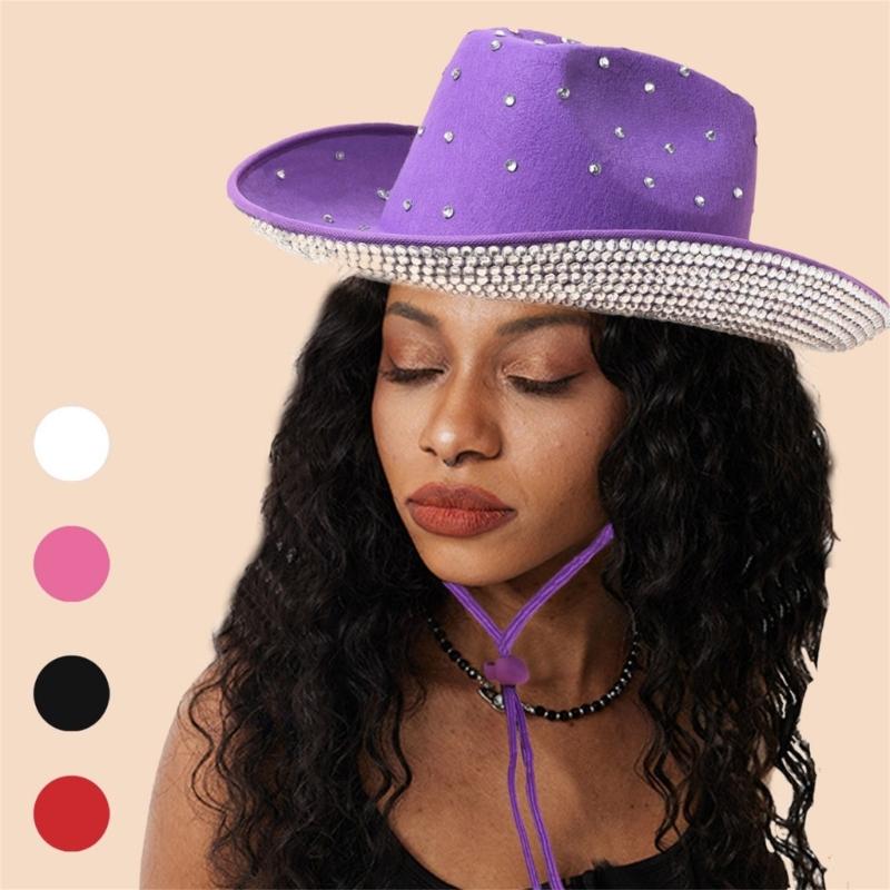 Vacation Cowboy Hat Panama Hat Crystal Brim Hat Rhinestones Hand Beading Crystal for Carnivals Music Festival