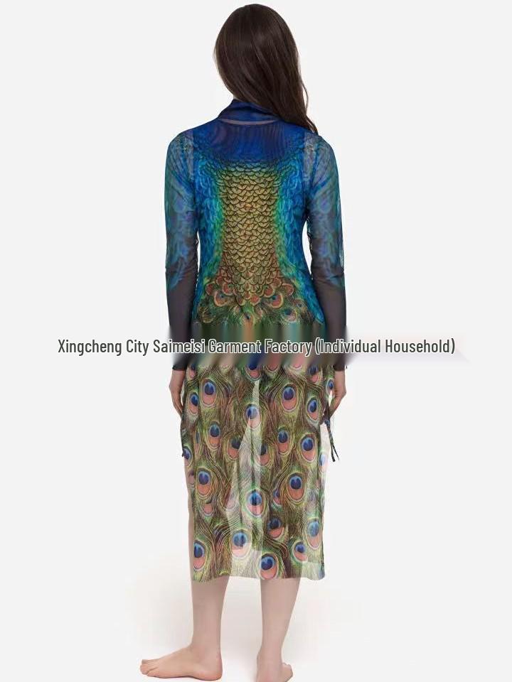Set Costume da Bagno Pavone: Costumi Interi e Due Pezzi con Protezione Solare, Maniche Lunghe e Gonna in Rete