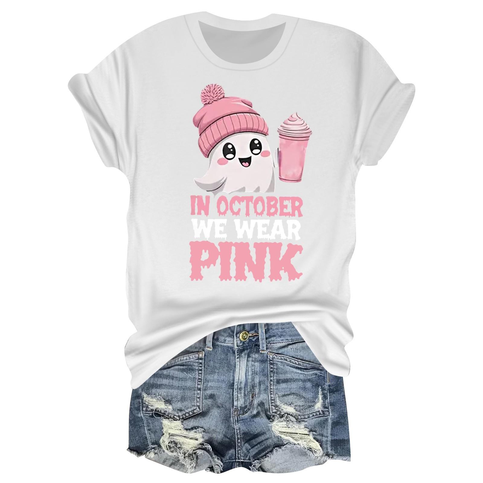 

Women s Casual Halloween Breast Print T-Shirt Round Neck Pullover Short Sleeve Top XL білий