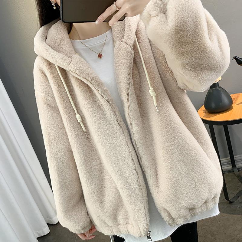 Winter Faux Rabbit Fur Coat Women Mid Length Loose Thick Lamb Wool Hooded Plush Jacket