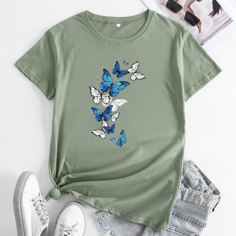 Summer Round Neck Fluttering Butterfly Pattern Printed Top Fashionable Casual Short Sleeved Women's Pure Cotton T-shirts
