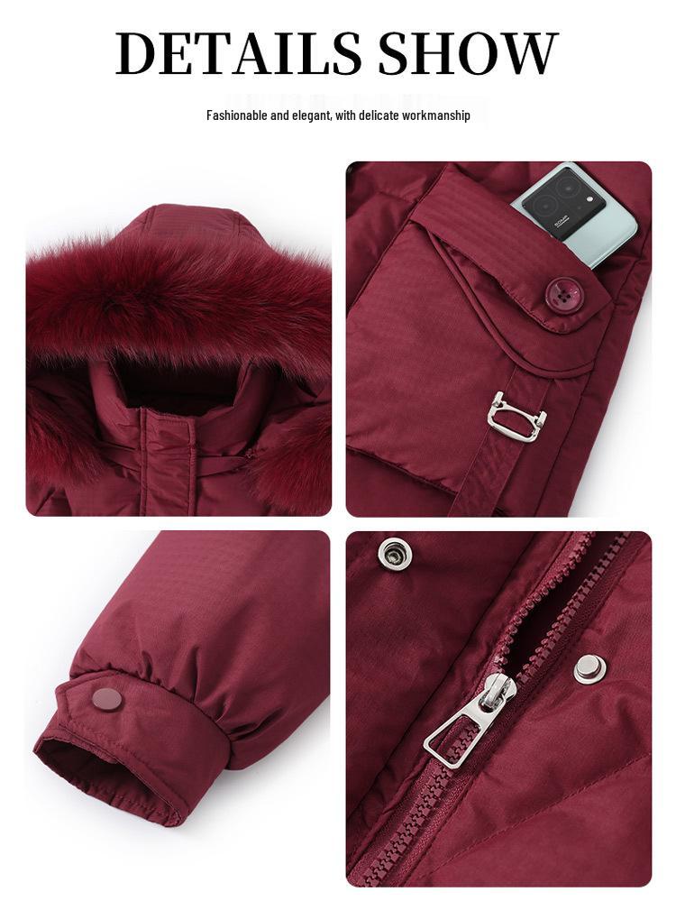 Authentic Mid-Length Women's Winter Down Jacket with Real Fur Collar for Middle-Aged and Elderly    