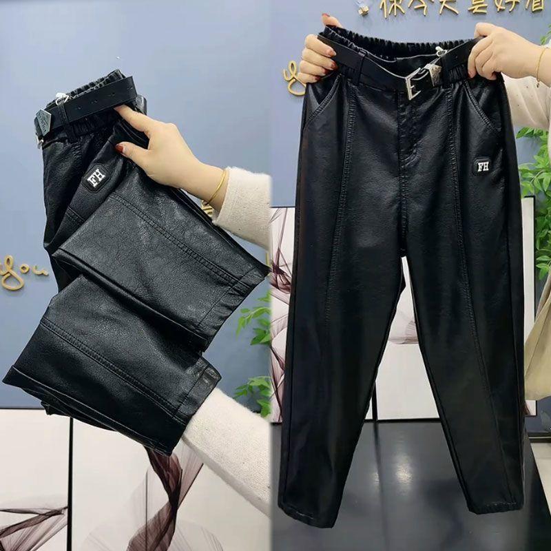 Fashion Y2k Leather Pants PU Casual Straight Leg Pant Loose Slimming Plus Size Highs Waist Haren Trousers Women