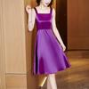 Women's 2023 Slim-Fit Satin Dress: Square Neck, Patchwork, Age-Reducing Summer Fashion