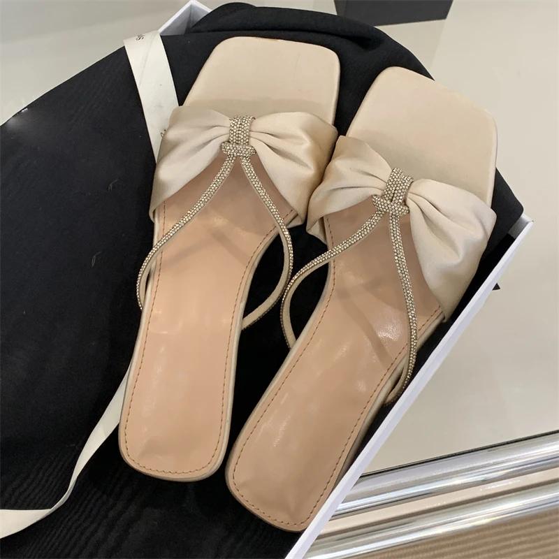 Eilyken 2025 New Summer Design Crystal Butterfly-knot High Heels Women Slippers Square Toe Party Dress Slides Shoes