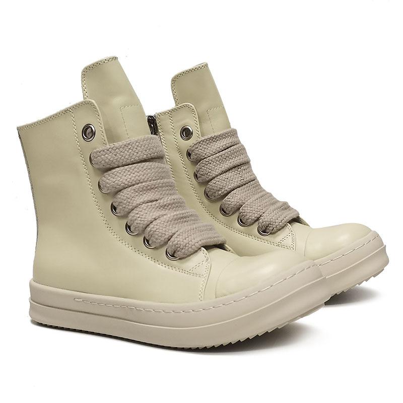 High Top Genuine Leather Men and Women's Casual Shoes Round Toe Side Zippers Ankle Boots Lace Up Unisex Counple Sneakers Shoes